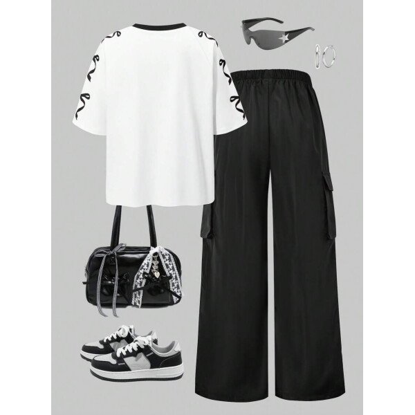 SHEIN Set de 2 piezas de niña preadolescente con camiseta de manga raglán con gráfico al estilo estadounidense y pantalones cargo con bolsillo con aplicación - Image 11