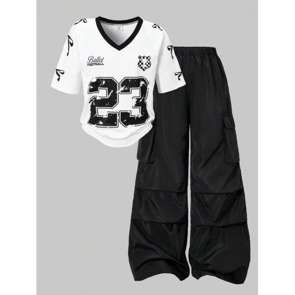 SHEIN Set de 2 piezas de niña preadolescente con camiseta de manga raglán con gráfico al estilo estadounidense y pantalones cargo con bolsillo con aplicación - Image 12