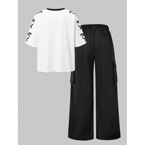 SHEIN Set de 2 piezas de niña preadolescente con camiseta de manga raglán con gráfico al estilo estadounidense y pantalones cargo con bolsillo con aplicación - Image 13