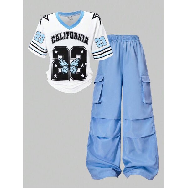 SHEIN Set de 2 piezas de niña preadolescente con camiseta de manga raglán con gráfico al estilo estadounidense y pantalones cargo con bolsillo con aplicación - Image 24