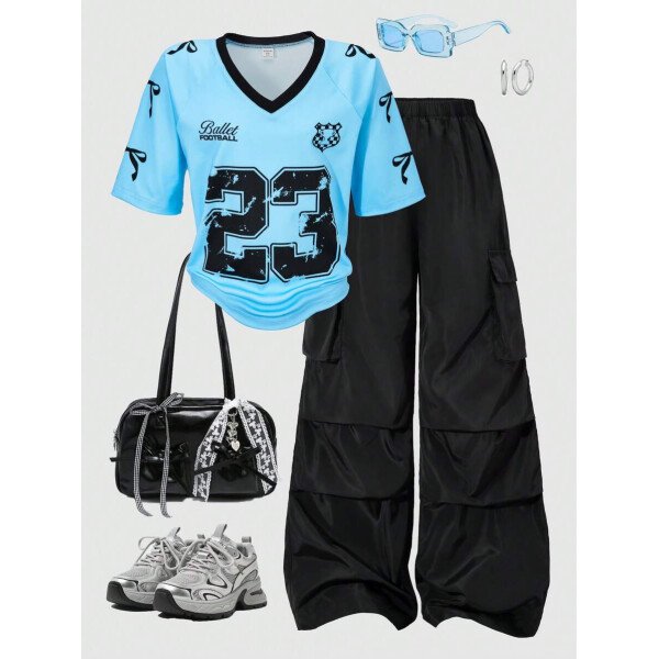SHEIN Set de 2 piezas de niña preadolescente con camiseta de manga raglán con gráfico al estilo estadounidense y pantalones cargo con bolsillo con aplicación - Image 25