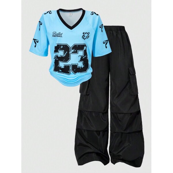 SHEIN Set de 2 piezas de niña preadolescente con camiseta de manga raglán con gráfico al estilo estadounidense y pantalones cargo con bolsillo con aplicación - Image 27