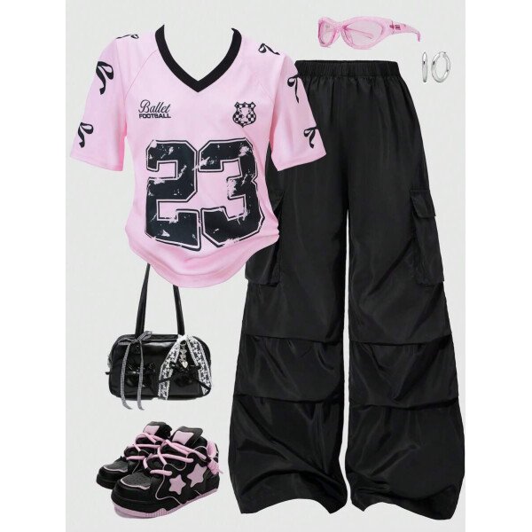 SHEIN Set de 2 piezas de niña preadolescente con camiseta de manga raglán con gráfico al estilo estadounidense y pantalones cargo con bolsillo con aplicación - Image 33