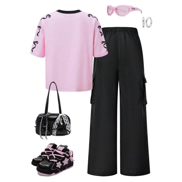 SHEIN Set de 2 piezas de niña preadolescente con camiseta de manga raglán con gráfico al estilo estadounidense y pantalones cargo con bolsillo con aplicación - Image 34