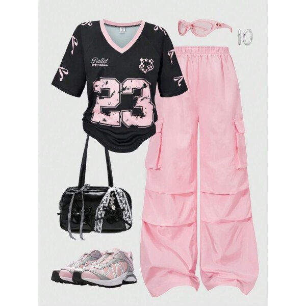 SHEIN Set de 2 piezas de niña preadolescente con camiseta de manga raglán con gráfico al estilo estadounidense y pantalones cargo con bolsillo con aplicación - Image 41