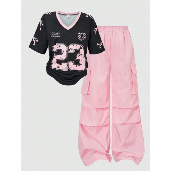 SHEIN Set de 2 piezas de niña preadolescente con camiseta de manga raglán con gráfico al estilo estadounidense y pantalones cargo con bolsillo con aplicación - Image 43