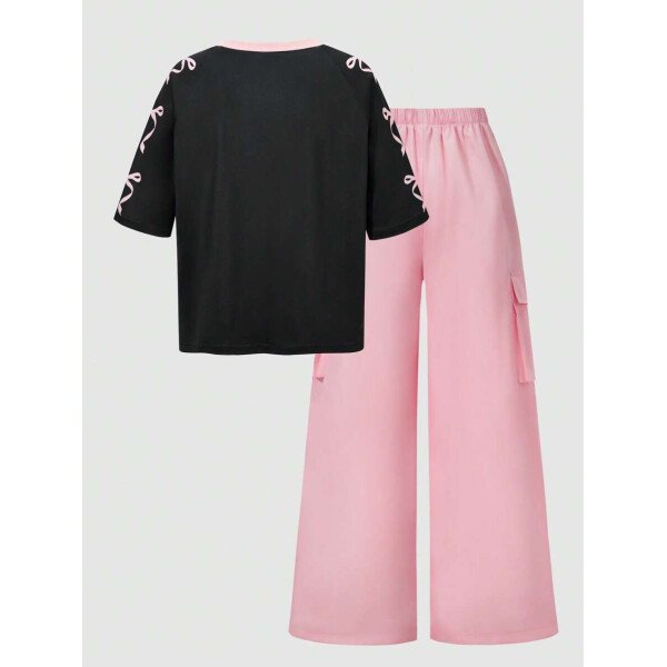 SHEIN Set de 2 piezas de niña preadolescente con camiseta de manga raglán con gráfico al estilo estadounidense y pantalones cargo con bolsillo con aplicación - Image 44