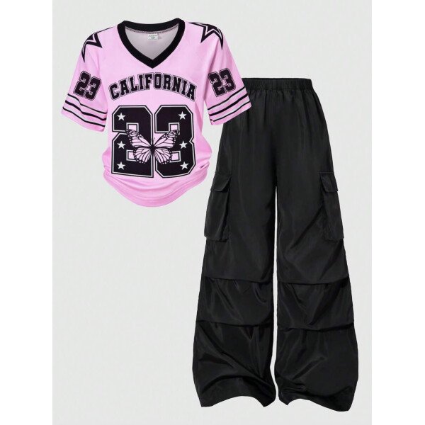 SHEIN Set de 2 piezas de niña preadolescente con camiseta de manga raglán con gráfico al estilo estadounidense y pantalones cargo con bolsillo con aplicación - Image 51
