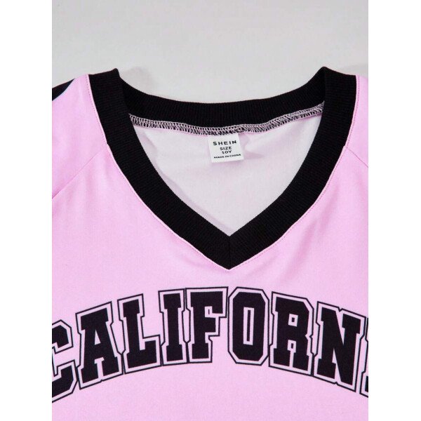 SHEIN Set de 2 piezas de niña preadolescente con camiseta de manga raglán con gráfico al estilo estadounidense y pantalones cargo con bolsillo con aplicación - Image 54