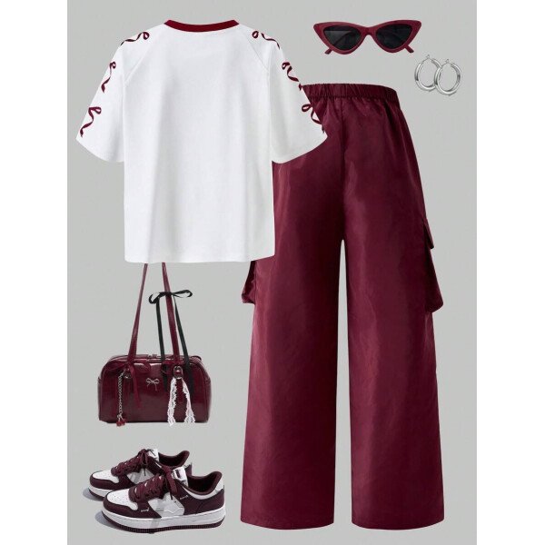 SHEIN Set de 2 piezas de niña preadolescente con camiseta de manga raglán con gráfico al estilo estadounidense y pantalones cargo con bolsillo con aplicación - Image 58