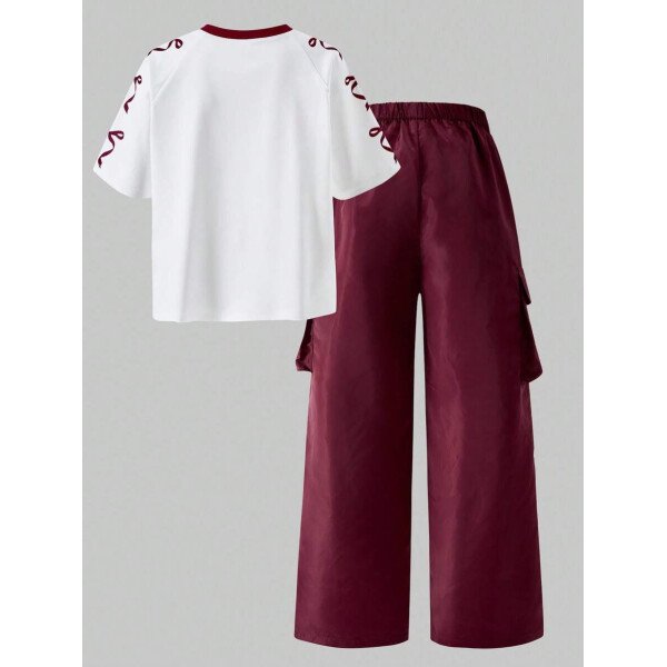 SHEIN Set de 2 piezas de niña preadolescente con camiseta de manga raglán con gráfico al estilo estadounidense y pantalones cargo con bolsillo con aplicación - Image 60