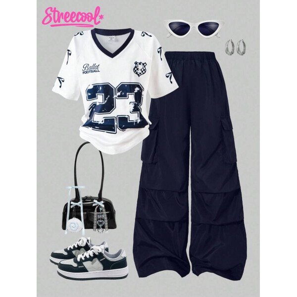SHEIN Set de 2 piezas de niña preadolescente con camiseta de manga raglán con gráfico al estilo estadounidense y pantalones cargo con bolsillo con aplicación - Image 65