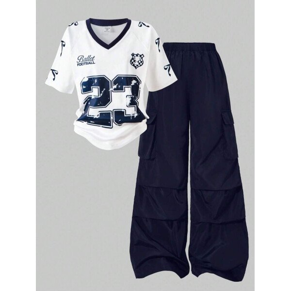 SHEIN Set de 2 piezas de niña preadolescente con camiseta de manga raglán con gráfico al estilo estadounidense y pantalones cargo con bolsillo con aplicación - Image 67