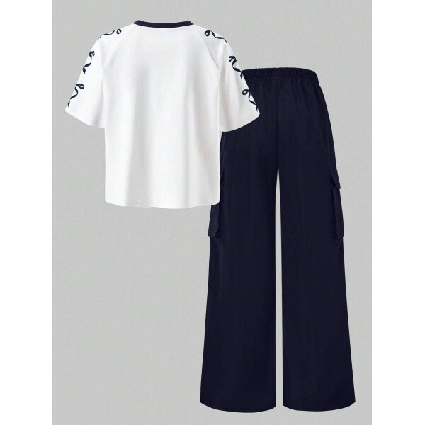 SHEIN Set de 2 piezas de niña preadolescente con camiseta de manga raglán con gráfico al estilo estadounidense y pantalones cargo con bolsillo con aplicación - Image 68