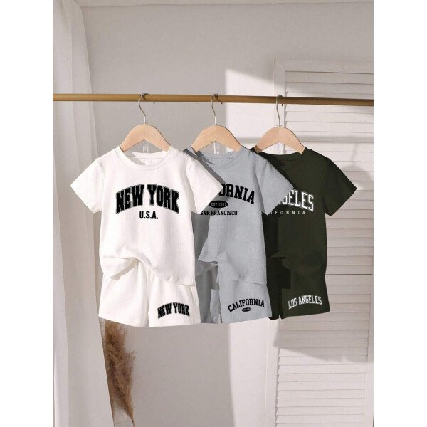 SHEIN Explorewe Conjunto casual de 6 piezas para niños pequeños: 1 camiseta de manga corta con cuello redondo y estampado de letras y 1 pantalón corto en blanco, 1 en marrón, 1 en negro - Image 6