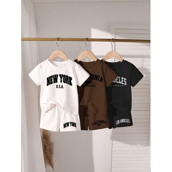 SHEIN Explorewe Conjunto casual de 6 piezas para niños pequeños: 1 camiseta de manga corta con cuello redondo y estampado de letras y 1 pantalón corto en blanco, 1 en marrón, 1 en negro - Image 10