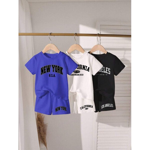SHEIN Explorewe Conjunto casual de 6 piezas para niños pequeños: 1 camiseta de manga corta con cuello redondo y estampado de letras y 1 pantalón corto en blanco, 1 en marrón, 1 en negro - Image 18