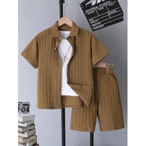 Conjunto de camisa y pantalones cortos informales de unicolor para niño preadolescente, ligero, de mangas cortas, adecuado para primavera/verano