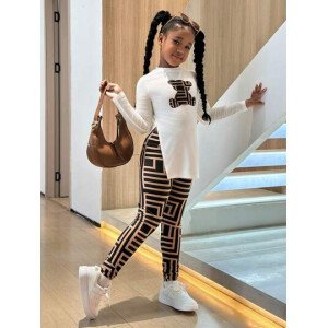 Conjunto de top de manga larga con estampado de oso y leggings con estampado geométrico, informal y deportivo para niñas preadolescentes