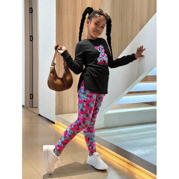 Conjunto de top de manga larga con estampado de oso y leggings con estampado geométrico, informal y deportivo para niñas preadolescentes - Image 2