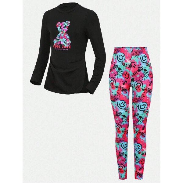 Conjunto de top de manga larga con estampado de oso y leggings con estampado geométrico, informal y deportivo para niñas preadolescentes - Image 3
