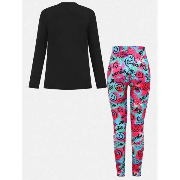 Conjunto de top de manga larga con estampado de oso y leggings con estampado geométrico, informal y deportivo para niñas preadolescentes - Image 4