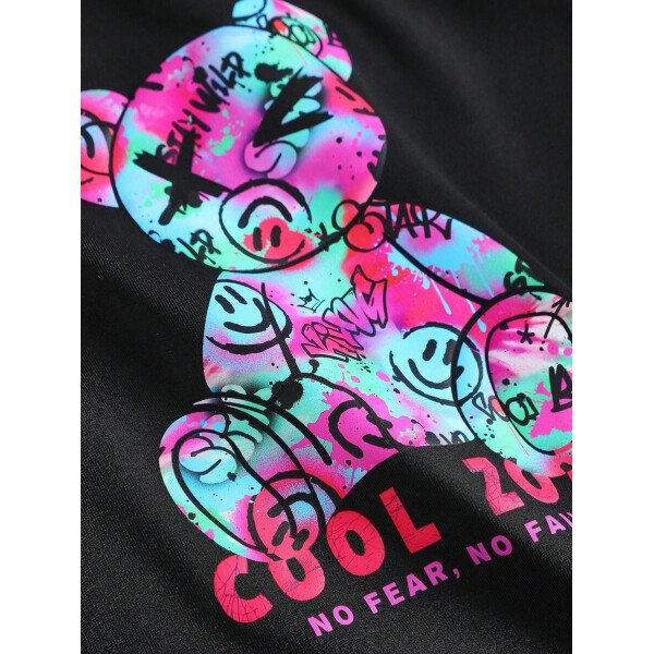 Conjunto de top de manga larga con estampado de oso y leggings con estampado geométrico, informal y deportivo para niñas preadolescentes - Image 5