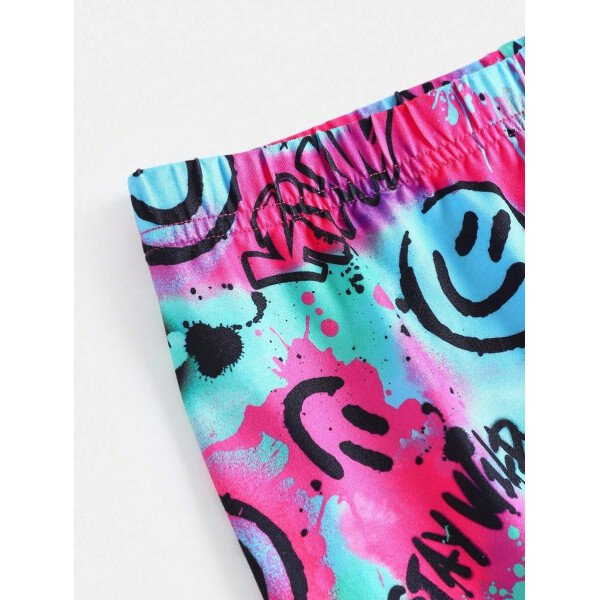 Conjunto de top de manga larga con estampado de oso y leggings con estampado geométrico, informal y deportivo para niñas preadolescentes - Image 6