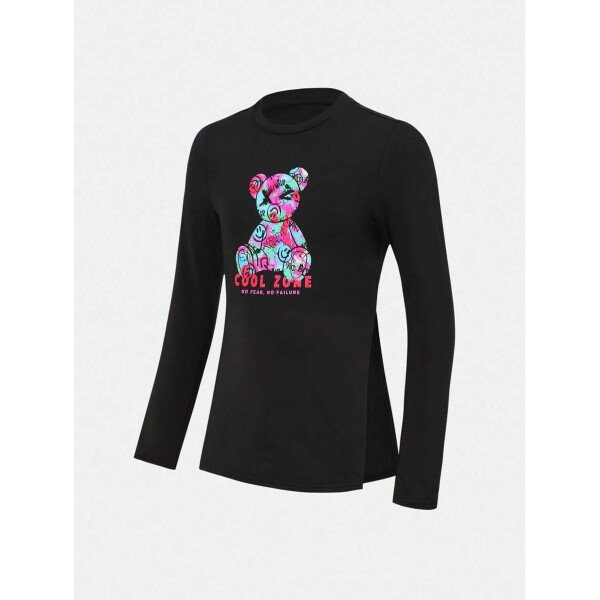 Conjunto de top de manga larga con estampado de oso y leggings con estampado geométrico, informal y deportivo para niñas preadolescentes - Image 7