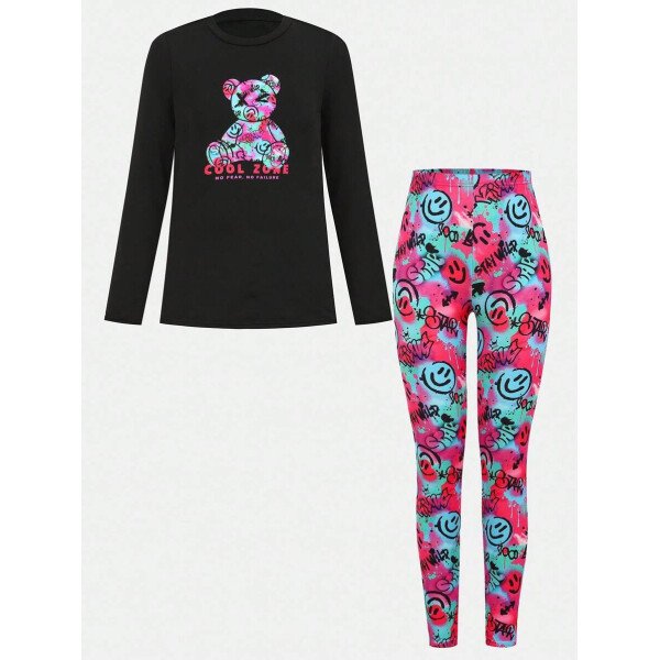 Conjunto de top de manga larga con estampado de oso y leggings con estampado geométrico, informal y deportivo para niñas preadolescentes - Image 8
