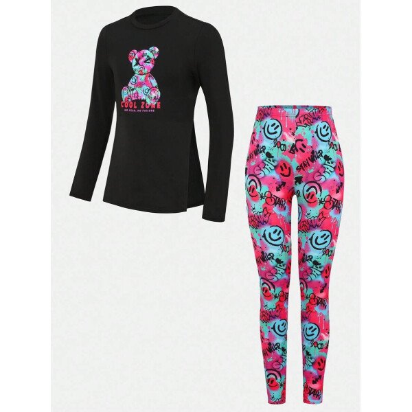 Conjunto de top de manga larga con estampado de oso y leggings con estampado geométrico, informal y deportivo para niñas preadolescentes - Image 9