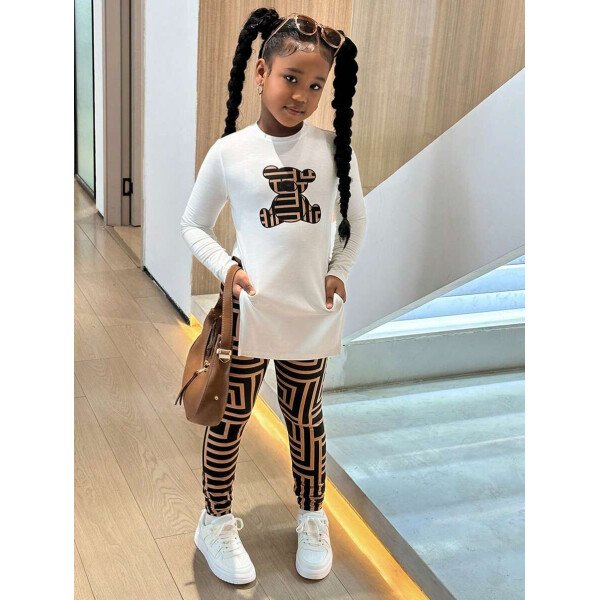 Conjunto de top de manga larga con estampado de oso y leggings con estampado geométrico, informal y deportivo para niñas preadolescentes - Image 15
