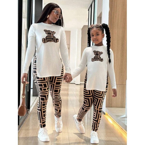 Conjunto de top de manga larga con estampado de oso y leggings con estampado geométrico, informal y deportivo para niñas preadolescentes - Image 16
