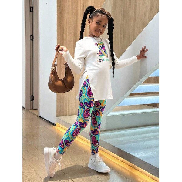Conjunto de top de manga larga con estampado de oso y leggings con estampado geométrico, informal y deportivo para niñas preadolescentes - Image 17