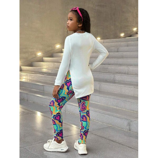 Conjunto de top de manga larga con estampado de oso y leggings con estampado geométrico, informal y deportivo para niñas preadolescentes - Image 18