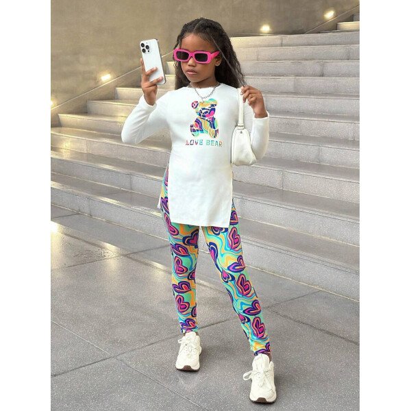 Conjunto de top de manga larga con estampado de oso y leggings con estampado geométrico, informal y deportivo para niñas preadolescentes - Image 19