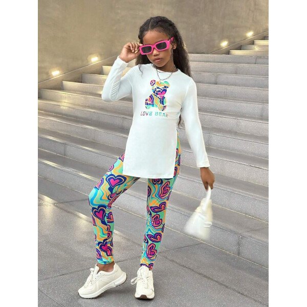 Conjunto de top de manga larga con estampado de oso y leggings con estampado geométrico, informal y deportivo para niñas preadolescentes - Image 20