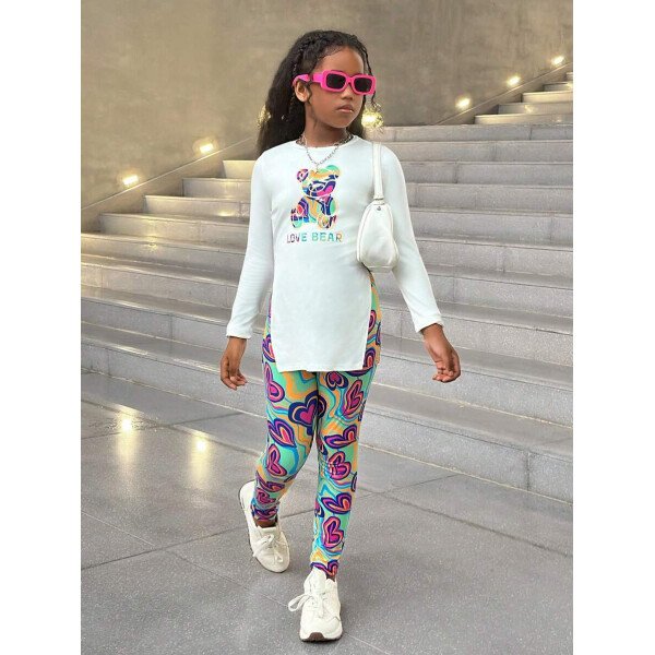 Conjunto de top de manga larga con estampado de oso y leggings con estampado geométrico, informal y deportivo para niñas preadolescentes - Image 21