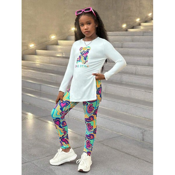 Conjunto de top de manga larga con estampado de oso y leggings con estampado geométrico, informal y deportivo para niñas preadolescentes - Image 22