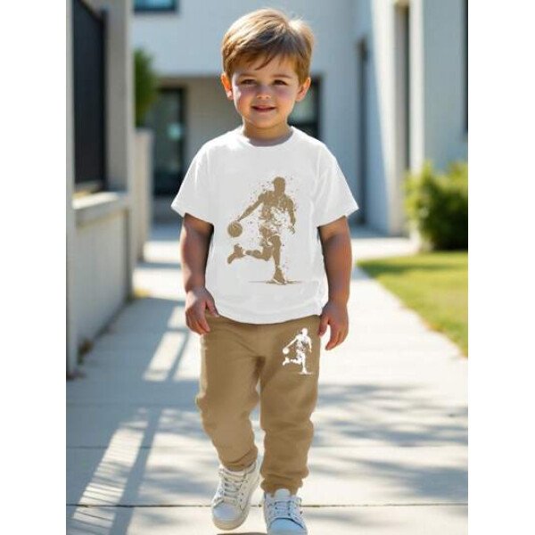 SHEIN Set de 2 piezas compuesto por camiseta de manga corta de cuello redondo y pantalones casuales y sencillos para niño, adecuado para el verano