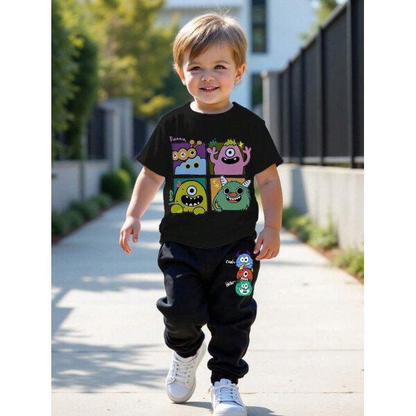 SHEIN Set de 2 piezas compuesto por camiseta de manga corta de cuello redondo y pantalones casuales y sencillos para niño, adecuado para el verano - Image 7