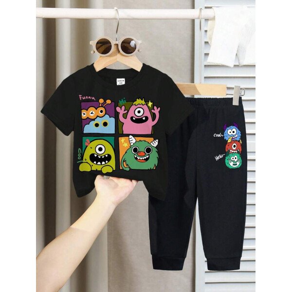 SHEIN Set de 2 piezas compuesto por camiseta de manga corta de cuello redondo y pantalones casuales y sencillos para niño, adecuado para el verano - Image 8