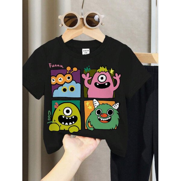 SHEIN Set de 2 piezas compuesto por camiseta de manga corta de cuello redondo y pantalones casuales y sencillos para niño, adecuado para el verano - Image 10
