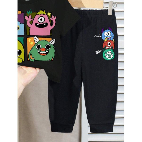 SHEIN Set de 2 piezas compuesto por camiseta de manga corta de cuello redondo y pantalones casuales y sencillos para niño, adecuado para el verano - Image 11