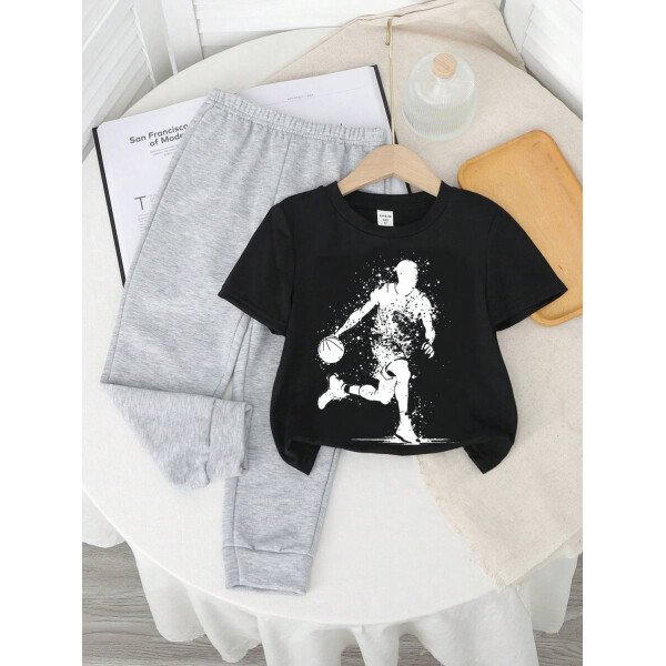 SHEIN Set de 2 piezas compuesto por camiseta de manga corta de cuello redondo y pantalones casuales y sencillos para niño, adecuado para el verano - Image 33
