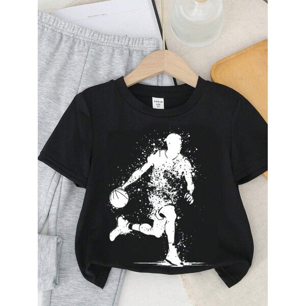 SHEIN Set de 2 piezas compuesto por camiseta de manga corta de cuello redondo y pantalones casuales y sencillos para niño, adecuado para el verano - Image 35