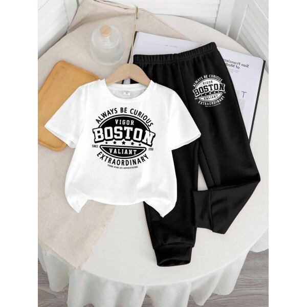 SHEIN Set de 2 piezas compuesto por camiseta de manga corta de cuello redondo y pantalones casuales y sencillos para niño, adecuado para el verano - Image 42