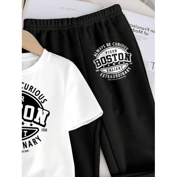 SHEIN Set de 2 piezas compuesto por camiseta de manga corta de cuello redondo y pantalones casuales y sencillos para niño, adecuado para el verano - Image 45