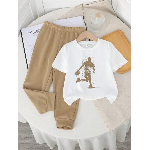 SHEIN Set de 2 piezas compuesto por camiseta de manga corta de cuello redondo y pantalones casuales y sencillos para niño, adecuado para el verano - Image 47