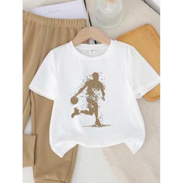 SHEIN Set de 2 piezas compuesto por camiseta de manga corta de cuello redondo y pantalones casuales y sencillos para niño, adecuado para el verano - Image 49
